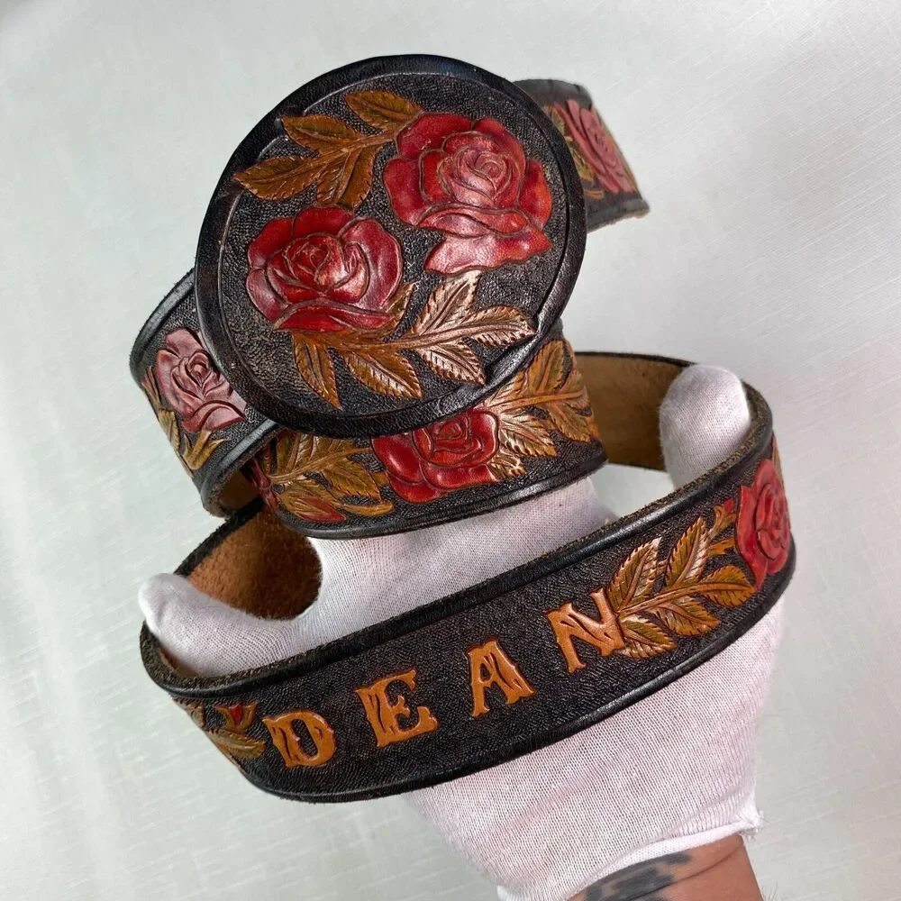 Hand Tooled LEATHER Western Belt "DEAN"! 3D Roses Personalized Handmade Sz 42 - Picture 4 of 16